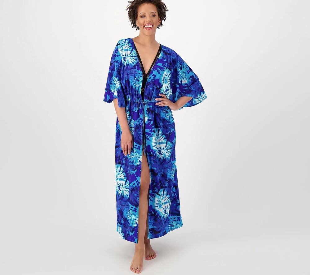 Belle Beach Kim Gravel Cover Up Womens XS/S Blue Tie Dye Tie Front Resort Cruise